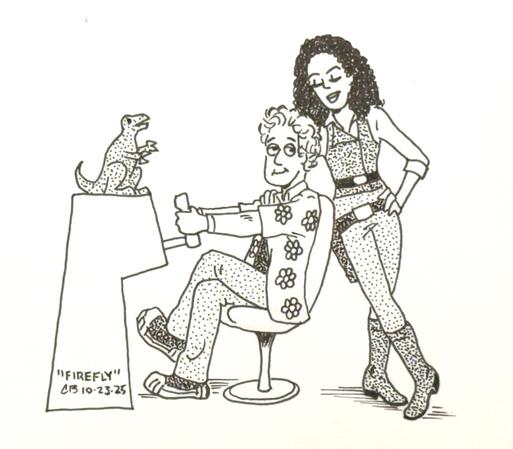 Ink drawing of the characters Zoë and Hoban "Wash" Washburne, from the TV show Firefly. Wash is sitting at the controls of the ship, with one of his prized toy dinosaurs on the console. Zoë is leaning against his chair, legs crossed, one hand on his shoulder, the other on her hip. She's looking down at her husband with an indulgent smile on her face.