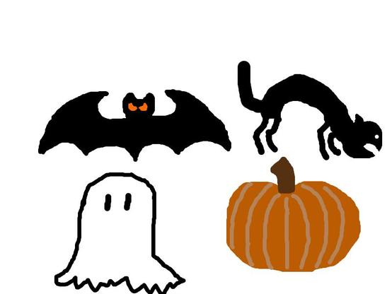 An drawing of a bat, a hunched cat, ghost, and pumpkin for Cosytober2025 with the prompt Festive.