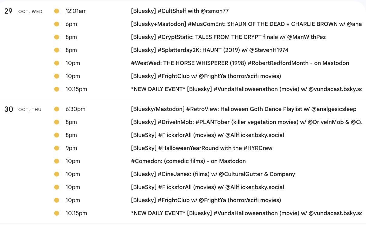 watch party event listings for WED-THU, Oct. 29-30