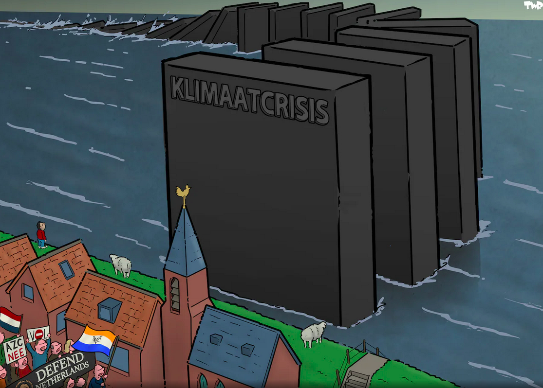 Cartoon waarin een groep rechtsextremistische mesnen demonstreren tegen een azc en buitenlanders in een dorp achter een dijk terwijl in de zee voor de dijk een een aantal grote klimaatpijlers als dominostenen aan het omvallen zijn richting de dijk en dus richting een onomkeerbare klimaatcrisis.