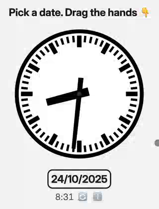 Demo of Clockwork Date Picker. Drag the clock hands clockwise or anti-clockwise to change the date.