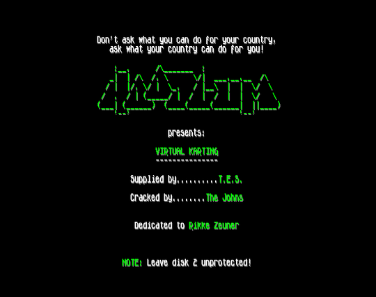 Screenshot of "Virtual Karting" - Crack: Hoodlum (HLM) - Published by OTM on Commodore Amiga (1995)