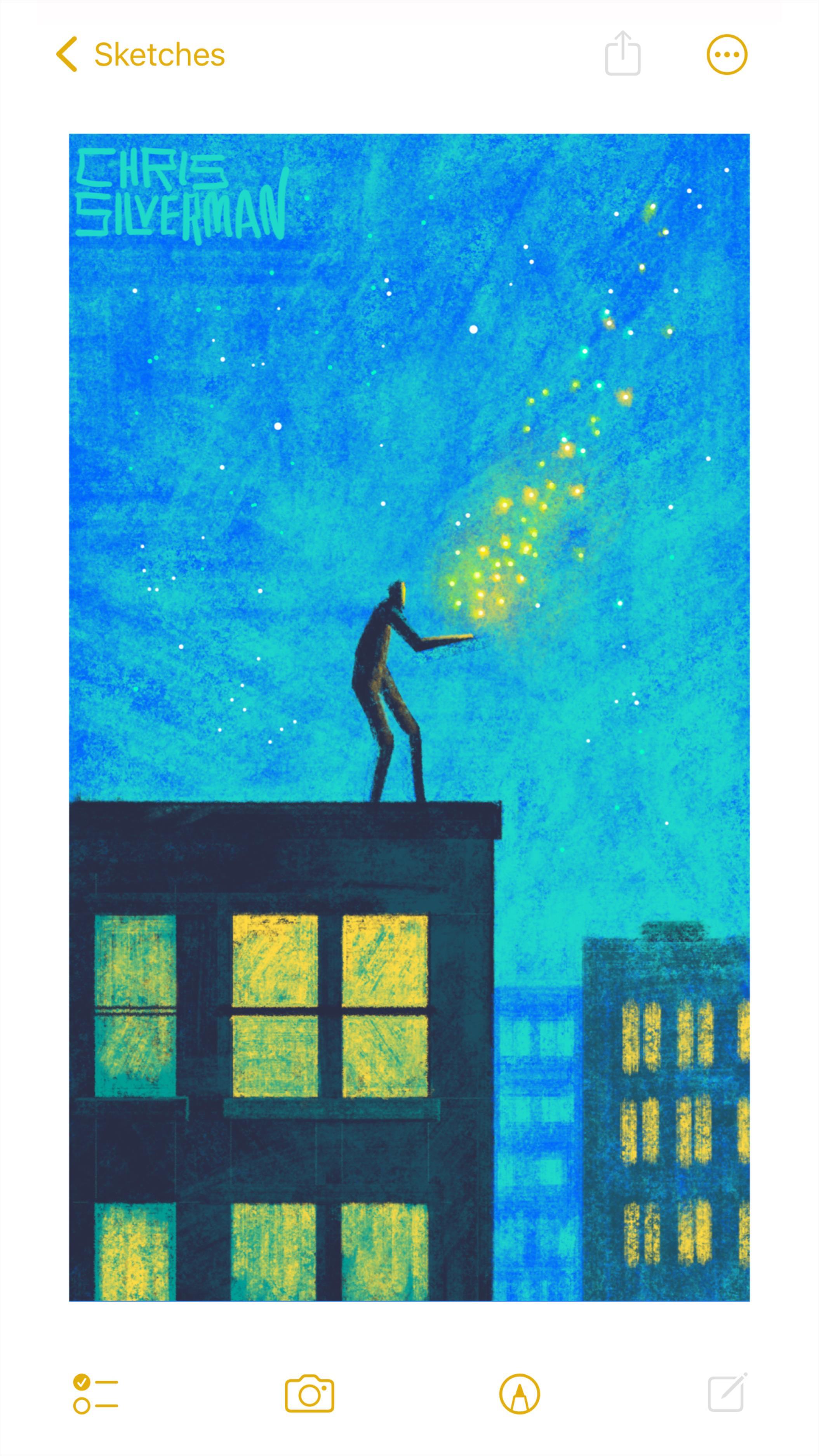 A person stands on the rooftop of a tenement building in the middle of a city. It's a clear, starry night; the sky is a deep blue-green, dotted with bright stars. Some of those stars may be something else, though, going by the cluster of glowing yellow-green fireflies hovering around the person's outstretched hand. The fireflies seem attracted to the person. On the buildings all around, windows glow yellow. The painting is signed "Chris Silverman".
