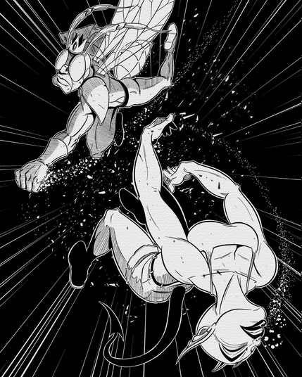 Drawing of a rowdy firefly hitting a devil