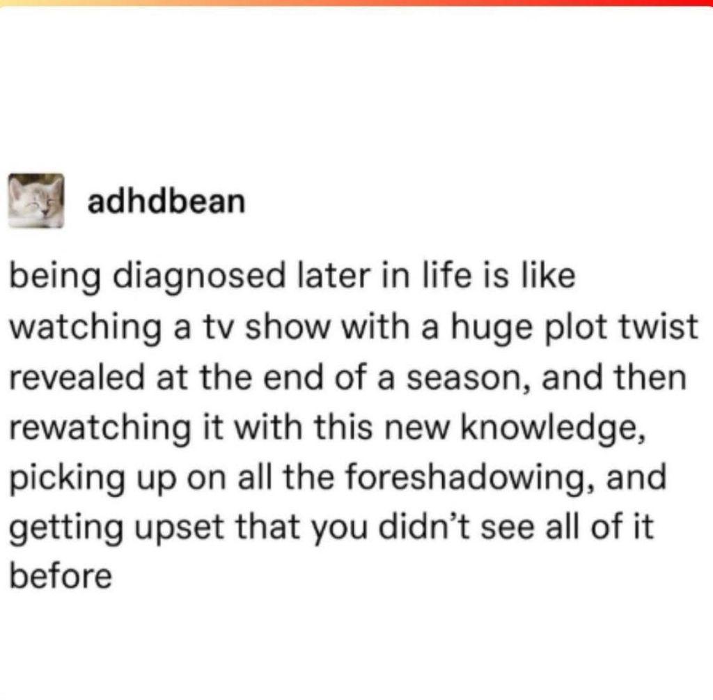 The image is a meme-style graphic with a white background. On the left side, there's a cartoon drawing of a person with wide, innocent eyes, a small smile, and light blue hair. 
The text above this image reads "Watching a show". On the right side, there’s a similar cartoon drawing of the same person, but their eyes are wide and shocked, their mouth is open in a gasp, and they are visibly distressed. 
The text above this image reads, "Being diagnosed with autism". Below both images, in a larger font, is the caption: "Rewatching the season."