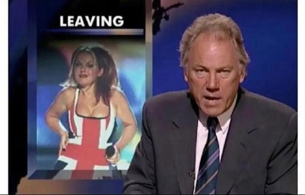 News report of ginger spice leaving the spice girls, she is dressed in her classic Union Jack minidress 