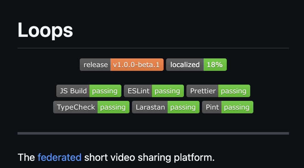 Loops README.md with new badges
release
v1.0.0-beta.1
localized
18%
JS Build
passing
TypeCheck passing
ESLint
Larastan
passing
passing
Prettier
Pint
passing
passing