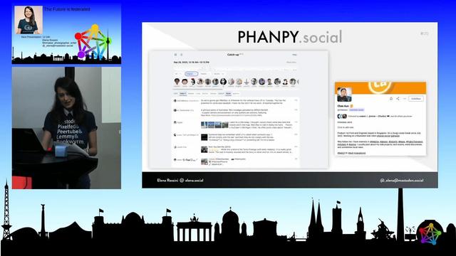 A speaker at a podium on the left and a presentation slide on the right titled "PHANPY.social" with a screenshot of Phanpy's Catch-up interface and a screenshot of @cheeaun's profile page.