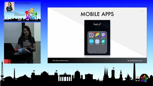 Slide from a presentation titled "MOBILE APPS" showing a speaker on the left and an iOS app folder with several Fediverse app icons on the right; showing Ice Cubes, Ivory, Mastodon, Mona, Phanpy and Surf.