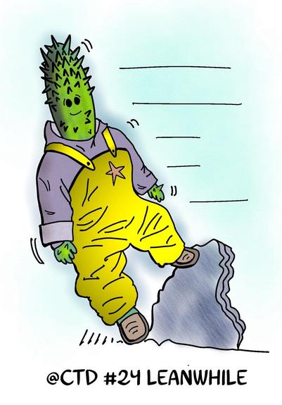 A cartoon character resembling a cactus is wearing a purple hoodie and yellow overalls. The character is smiling and leaning slightly to one side while stepping on a rock. The background features light blue tones