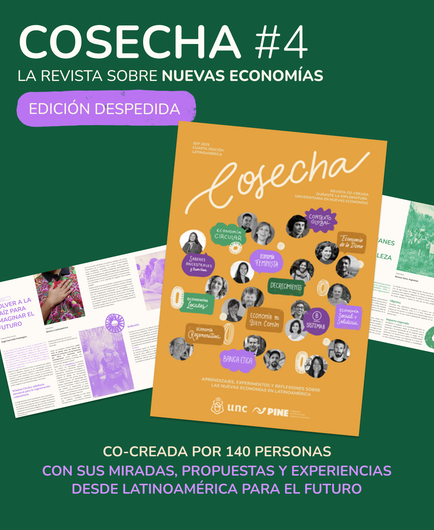 Dark green background with white / light purple text, and cut-outs of the Cosecha magazine showcasing articles and portraits of contributors 