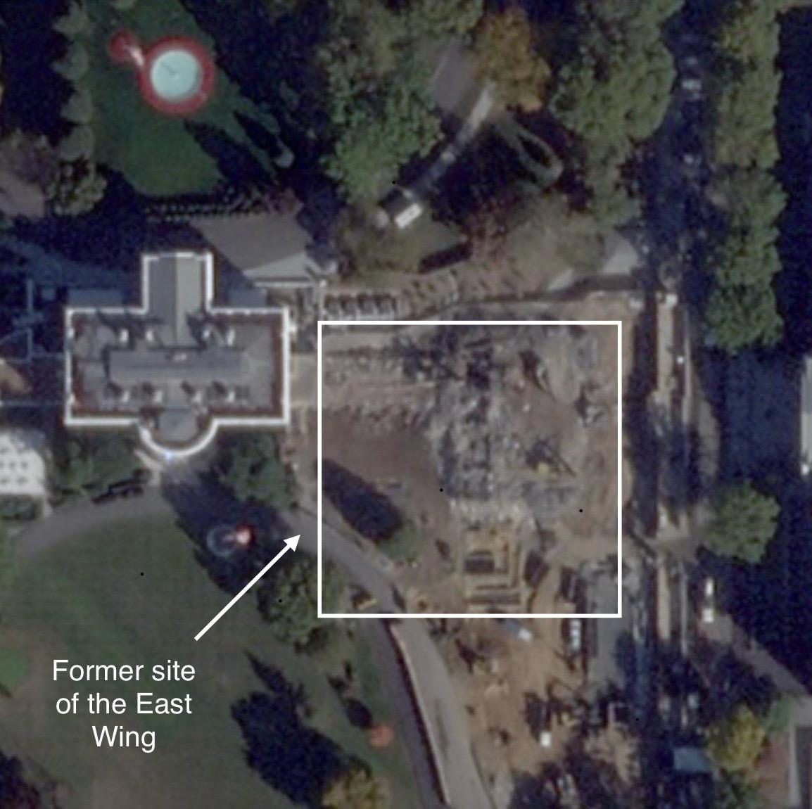 A satellite view of the White House grounds, with a box around the rubble of the East Wing, an arrow pointing to it, and the label “Former site of the East Wing.”