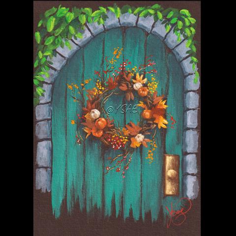 Gouache représentant une porte en bois décorées d'une couronne de feuilles et de plantes d'automne.