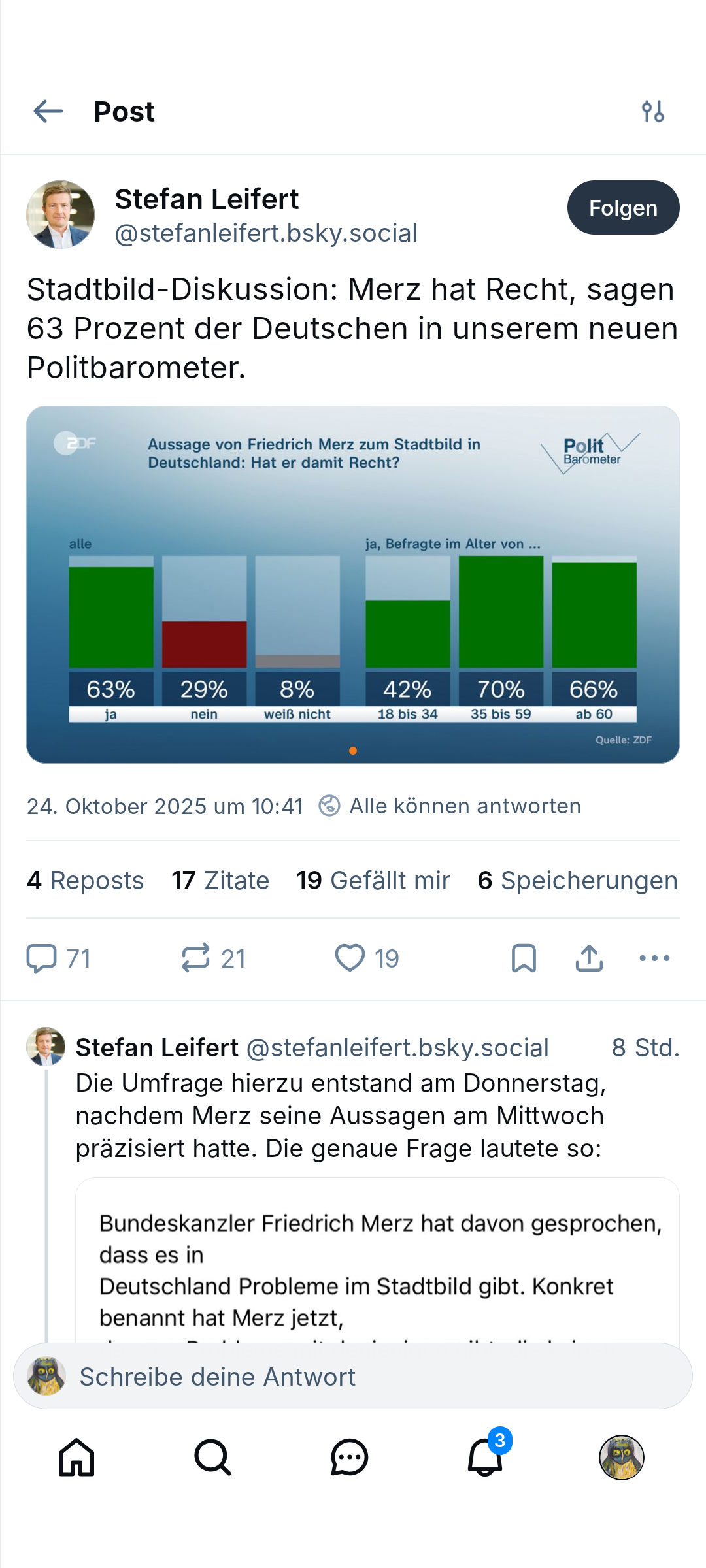 Umfragedes ZDF, nach der Ngeluch 63 % der Deutschen der Stadtbild-Aussage von Merz zustimmen.