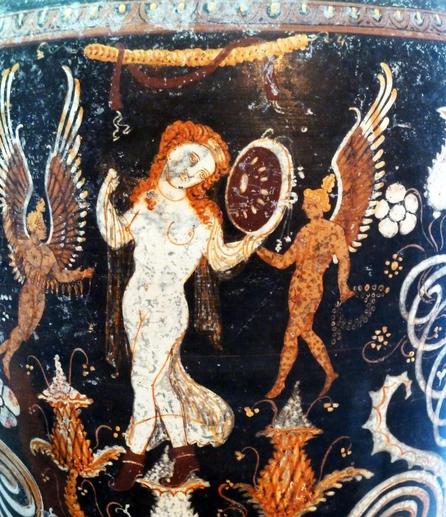 Neck-amphora depicting the birth of Aphrodite with winged Eros (Love) and Himeros (Desire) flanking her.