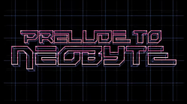 laser-style "prelude to neobyte" logo, in magenta wires over a darkblue wire grid.