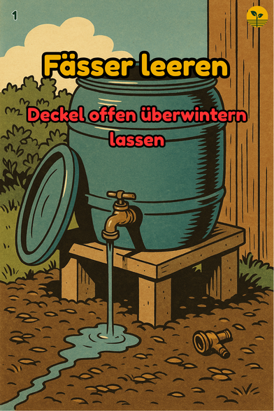 Offenes Regenfass lässt Wasser ab; Deckel lehnt, Hahn ist abgeschraubt