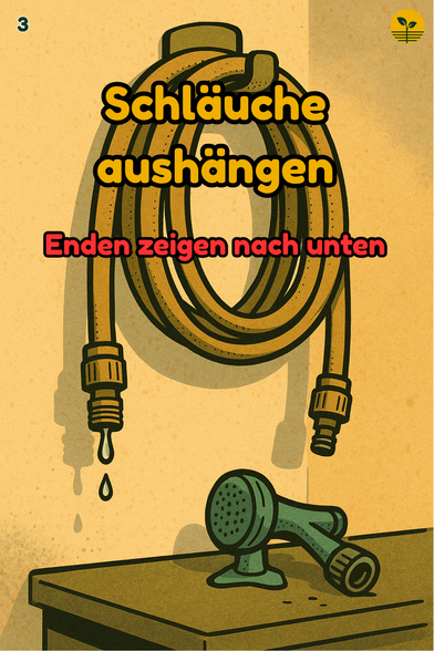 Entleerte Schläuche hängen in Schlaufen; Kupplungen zeigen nach unten