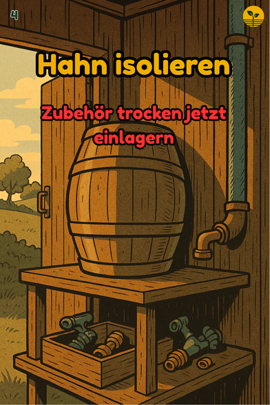 Kopfüber stehendes Fass im Schuppen; Rohr isoliert, Zubehör trocken sortiert