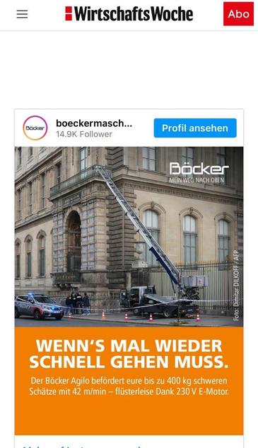 Screen shot of German FinancialWeek ad by company Böcker using a photo of its man-lift used to steal jewels from the Louvre. The German text says:

Böcker
MEIN WEG NACH OBEN | MY WAY UPWARDS

WENN'S MAL WIEDER SCHNELL GEHEN MUSS. | WHEN THINGS HAVE TO GO FAST
Der Böcker Agilo befördert eure bis zu 400 kg schweren Schätze mit 42 m/min - flüsterleise Dank 230 V E-Motor. | The Böcker Agilo transports your up to 400kg heavy treasures with 42m/min whisperquiet because 230V E-motor