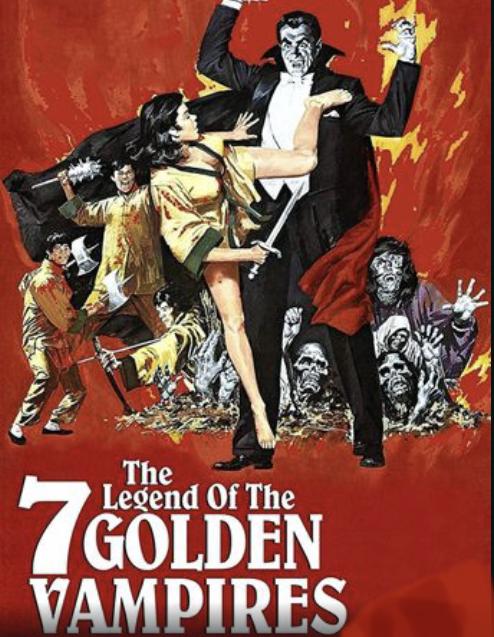 lurid poster for 
Legend Of The 7GOLDEN VAMPIRES (1974)
a scantily clad dark-haired woman is kung fu kicking Dracula in the chest while holding a dagger, against a background of screaming skeletons and screaming Chinese male martial arts fighters