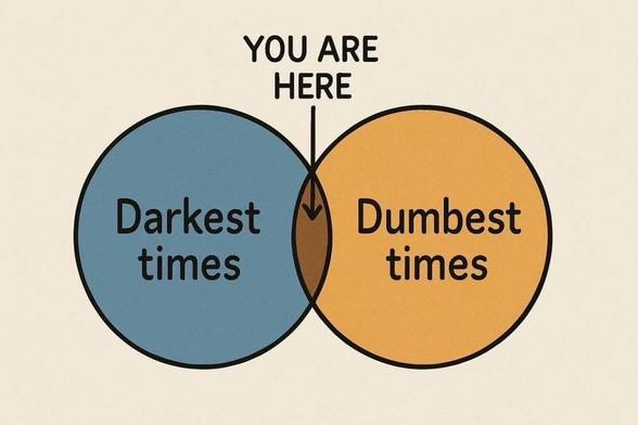 Venn diagram with an arrow pointing to “You are here” at the overlapping portion. The left circle says the “Darkest times” and the right circle says “Dumbest times”.