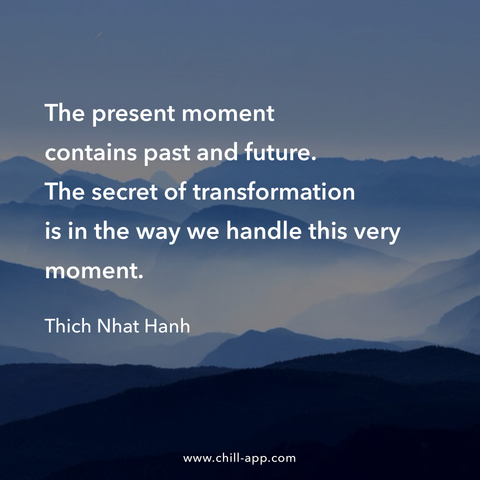 Quote about the importance of handling the present moment, with a serene mountain landscape background.