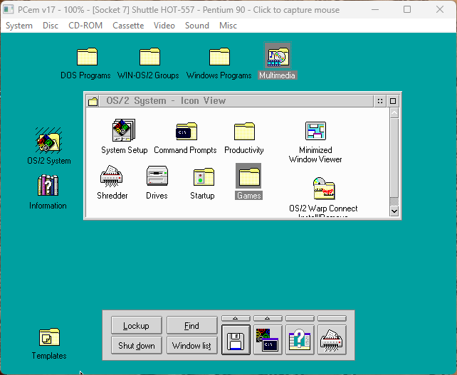 OS/2 3 Connect 8.200 Desktop on first boot. Looks a lot like the OS/2 2.11 Desktop, but with different icons scattered about. The System pane is open, plus some sort of toolbox at the bottom of the screen where a dock would go.