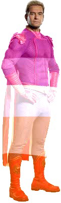 Blond man with blue eyes wearing a full body suit and a cap that is like the lesbian (dark pink light pink white light orange dark orange) flag. He also is white