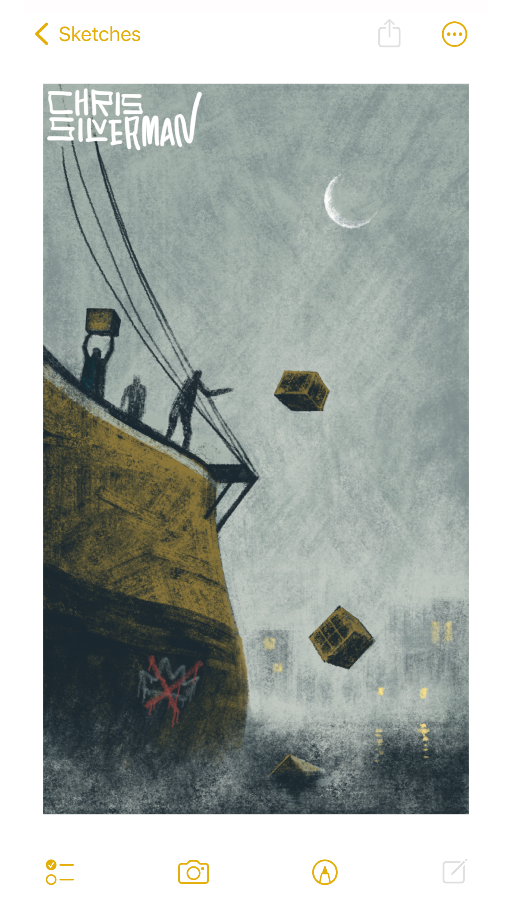 A gray, mostly cloudy winter night. The large black-and-gold hulk of a ship sits in Boston harbor under a dim white crescent moon. On deck, several dark figures are having a tea party, at least in the historical sense: they are hurling large wooden crates of cargo into the water. Spray-painted on the hull of the ship is a more contemporary symbol: a rudimentary sketch of a crown in white paint, with a red X over it. Fog hovers over the water. In the distance, the gray outline of Boston is visible, punctuated by a few yellow lights. The painting is signed “Chris Silverman”.