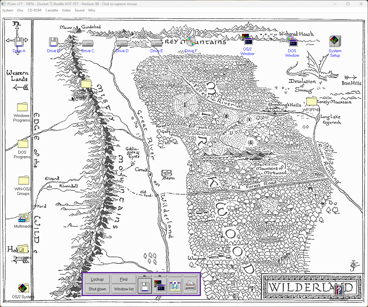 OS/2 3 Desktop at 1280x1024x256. The wallpaper is the black-and-white map of Wilderland from the endpapers of The Hobbit
