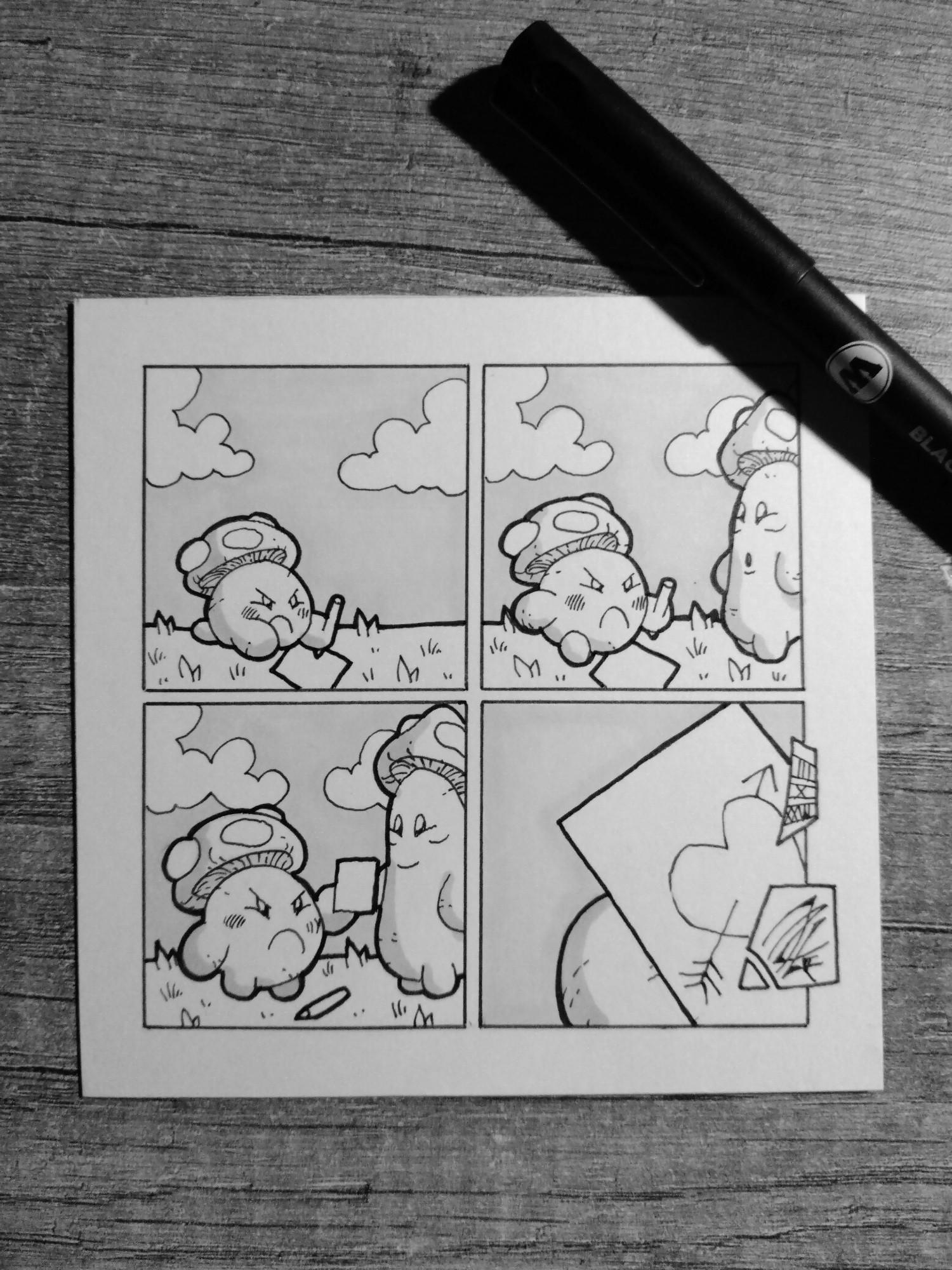 Petite BD 4 cases : 1 Champmignon dessine allongé sur le ventre dans l'herbe l'air mécontent. 2 Champmignoble arrive interrogatif. 3 Champmignon lui tend son dessin. 4 dessus, un cœur traversé d'une flèche 