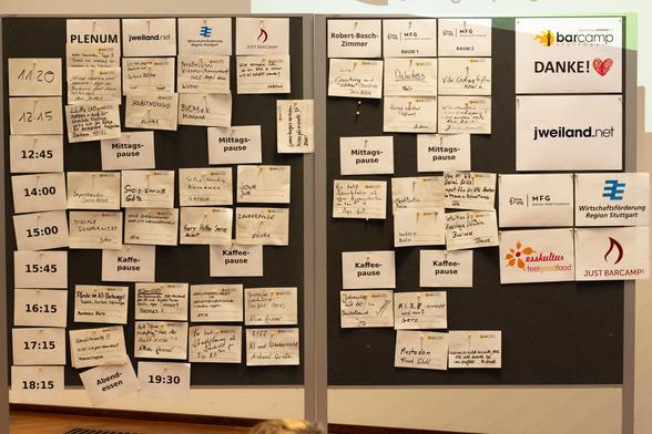 Foto der Pinwand mit den kleinen Zetteln der Sessions am barcamp Stuttgart - Samstag.
