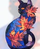Artwork of a beautiful stained glass cat with Autumn leaves scattered on it 