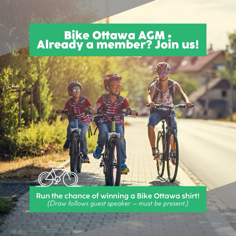 Poster of Bike Ottawa AGM enticing members to come to our AGM and run the chance of winning a t-shirt.