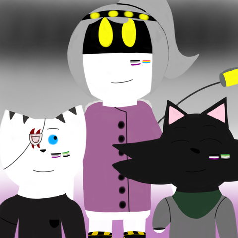 Drawing of D and Minea looking at each other with a smile while Jupiter has their eyes closed and is smiling. D has asexual and pan flag painted in his cheek, Minea and Jupiter both have asexual and aromantic flags painted on their cheeks. The background is in asexual flag's colors