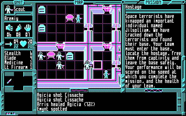 Star Cadre: Combat Class in play. Scout Aremiy creeps into a doorway and spots Emynt in the adjacent room. The game is played in a palette of black, cyan, magenta and white, which is the default palette for CGA graphics and is used by many CGA games. Star Cadre: Combat Class in play. Scout Aremiy creeps into a doorway and spots Emynt in the adjacent room. The game is played in a palette of black, cyan, magenta and white, which is the default palette for CGA graphics and is used by many CGA games.