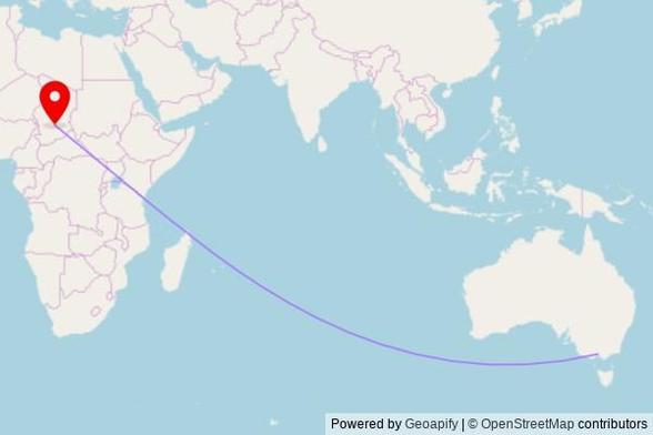 A map showing the great circle route from Melbourne in Australia to a map pin at Vicaria, طريق إقليمي مونقو-مانكالمي, Mongo, Chad