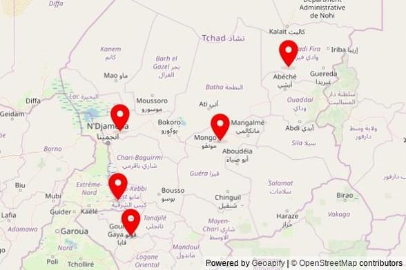 A map showing every place of worship we have visited so far in Chad including:
Vicaria النيابة in Mongo
Catholic retreat centre in Bologo
religieuses de Sacré Coeur in Bongor
مسجد شمال مساقط in Massaguet
مسجد in Biltine