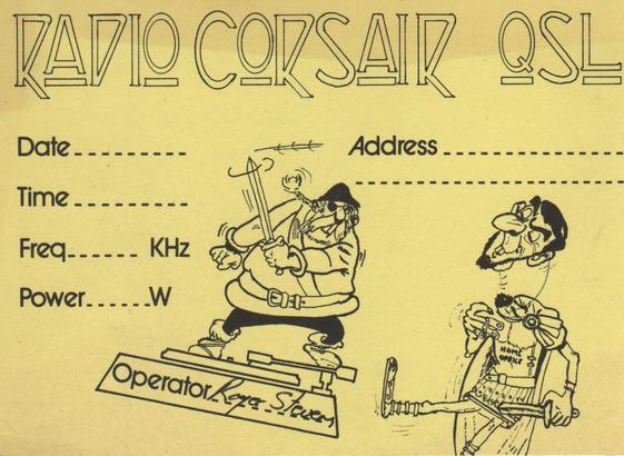 Radio Corsair QSL card  cartoon showing a pirate on a record turntable decapitating a Home Office official with a sword