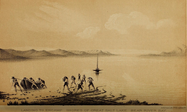 Exploration et étude de la vallée du Grand Lac Salé de l'Utah, y compris une reconnaissance d'une nouvelle route à travers les Montagnes Rocheuses.
Philadelphie : Lippincott, Grambo & Co, 1852.

Illustration montrant un groupe d'hommes débarquant au bord d'un vaste lac, identifié comme le Grand Lac Salé. Les hommes tirent un petit bateau sur le rivage, certains sont debout et transportent des provisions. À l'arrière-plan, un voilier est ancré sur l'eau calme, avec des chaînes de montagnes lointaines sous un ciel nuageux. La scène montre une expédition exploratoire prenant pied dans la vallée entourant le lac, mettant en valeur le paysage naturel et l'activité humaine durant l'étude de la région en 1852.

source : @biodiversitypix@mastodon.art 