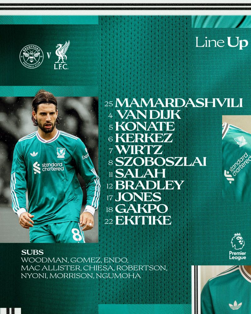 LFC team to play Brentford in the Premier League:
Mamardashvili
Van Dijk (C)
Konate
Kerkez
Wirtz
Szoboszlai
Salah
Bradley
Jones
Gakpo
Ekitike
#Forever20: Diogo Jota
