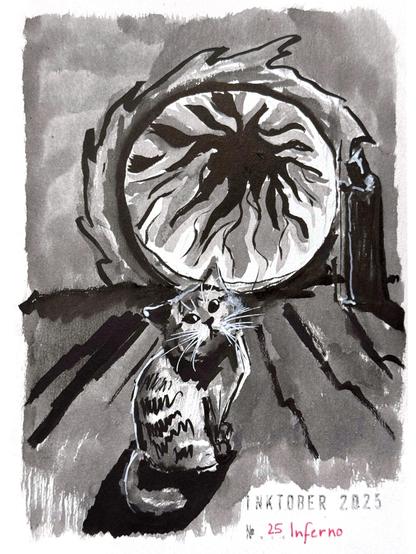 A black and grey ink drawing of a striped cat sitting in the foreground, looking up with a curious look. In its background is a dark, swirling portal in flames. A hooded figure holding a staff is next to it. The artwork is titled “Inktober 2025” and “25 Inferno”.