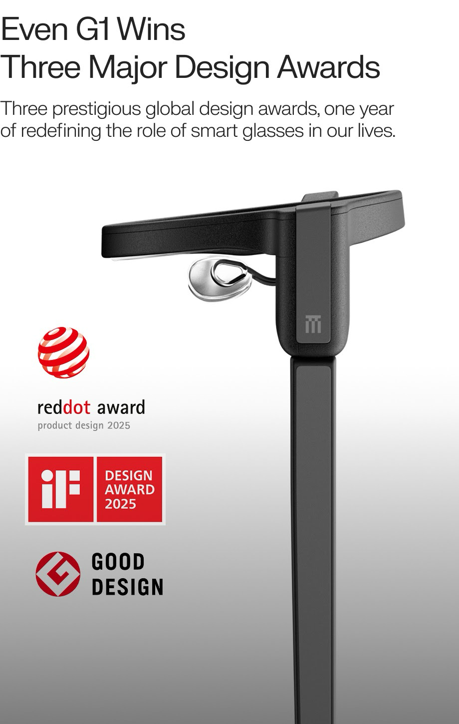 A photo of the Even Realities G1s beside 3 award logos