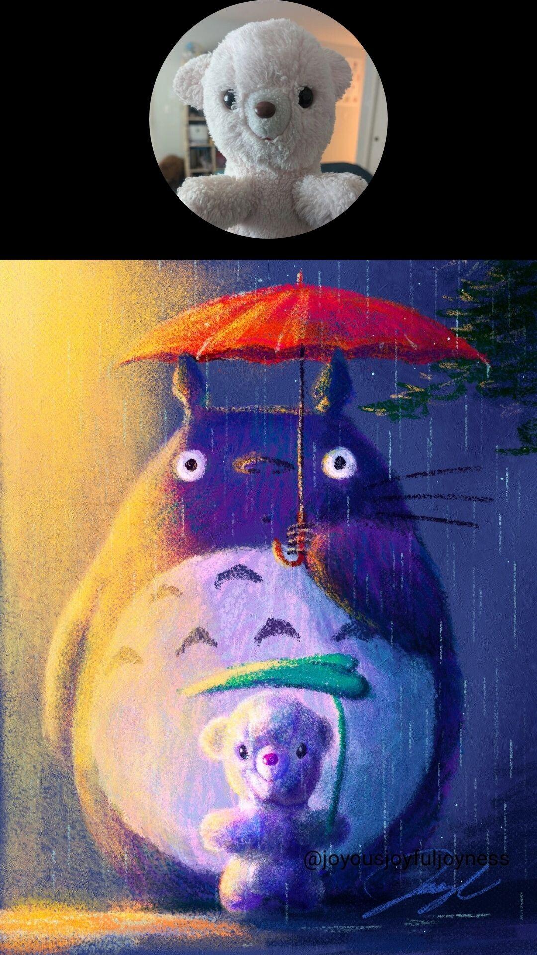 Photo of an old pink teddy bear in a circle at the top. Below is totoro holding a red umbrella in the rain under a lamp. In front of totoro is a portrait of the pink bear holding a big leaf as an umbrella. The artist's signature and watermark @joyousjoyfuljoyness are at the bottom right.