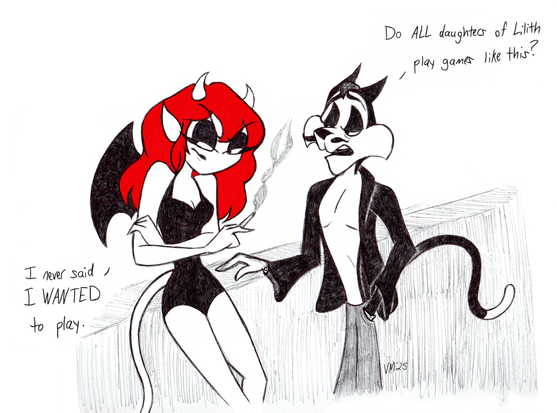 Ophelia in a bathing suit sulking with a cigarette in her hand & leaning on the railing.
Solomon Hiss says, "Do ALL daughters of Lilith play games like this?"
Ophelia responds, "I never said I WANTED to play."