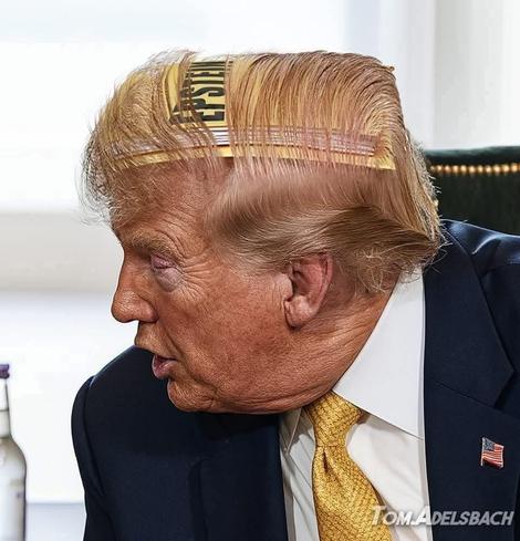 Image of Trump with his head turned to the right and the Epstein files hidden under his bad combover.
