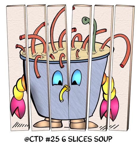 A cartoonish soup pot is depicted with noodle-like protrusions and playful eyes. The pot has colorful arms and a small base, conveying a whimsical character. The artwork is cut into 6 vertical slices. 