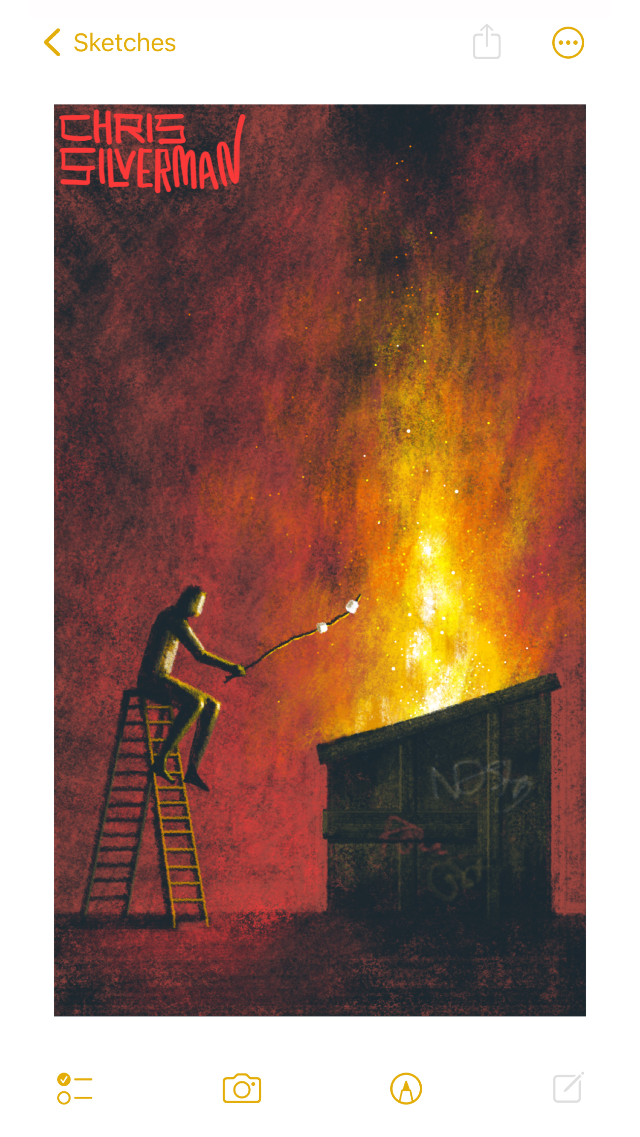 A dark night, lit red with flames pouring out of a rusty, graffiti-covered dumpster. The yellow inferno towers above the dumpster, spitting smoke and sparks into the sky. Sitting to the left of the dumpster on a small ladder, holding two marshmallows above the flames on a stick, is a person. The painting is signed "Chris Silverman".