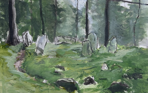 gouache sketch showing a view among pine trees of an arrangement of stone into a small circle. The stones are low and of different sizes and orientation. The ground rises slightly to the stone circle and a path appears to wind its way to the stones. The sunlight makes the trees in the middle distance fade in to lighter tones